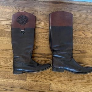 Frye Two Tone Boots with Emblem on calf.